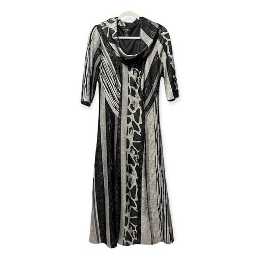 Signature by Robbie Bee Mixed Animal Print Cowl Neck Midi Dress Gray Black M